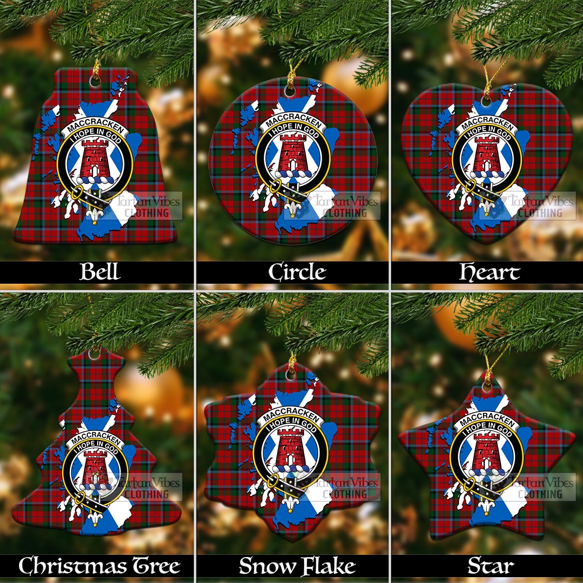 Tartan Vibes Clothing MacCracken (McCracken) Tartan Christmas Ornament with Family Crest and Scotland Map