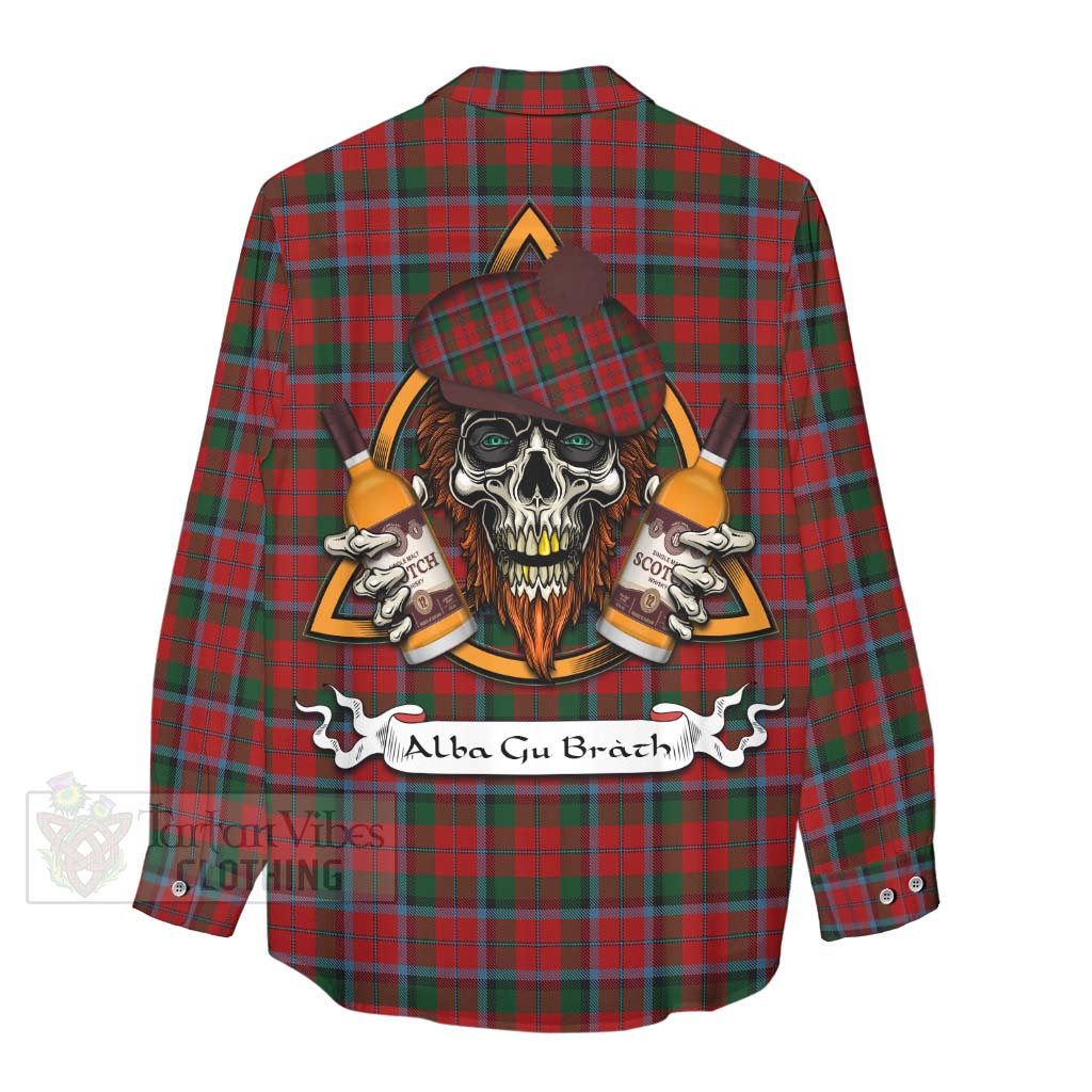 Tartan Vibes Clothing MacCracken (McCracken) Tartan Women's Casual Shirt with Family Crest and Bearded Skull Holding Bottles of Whiskey