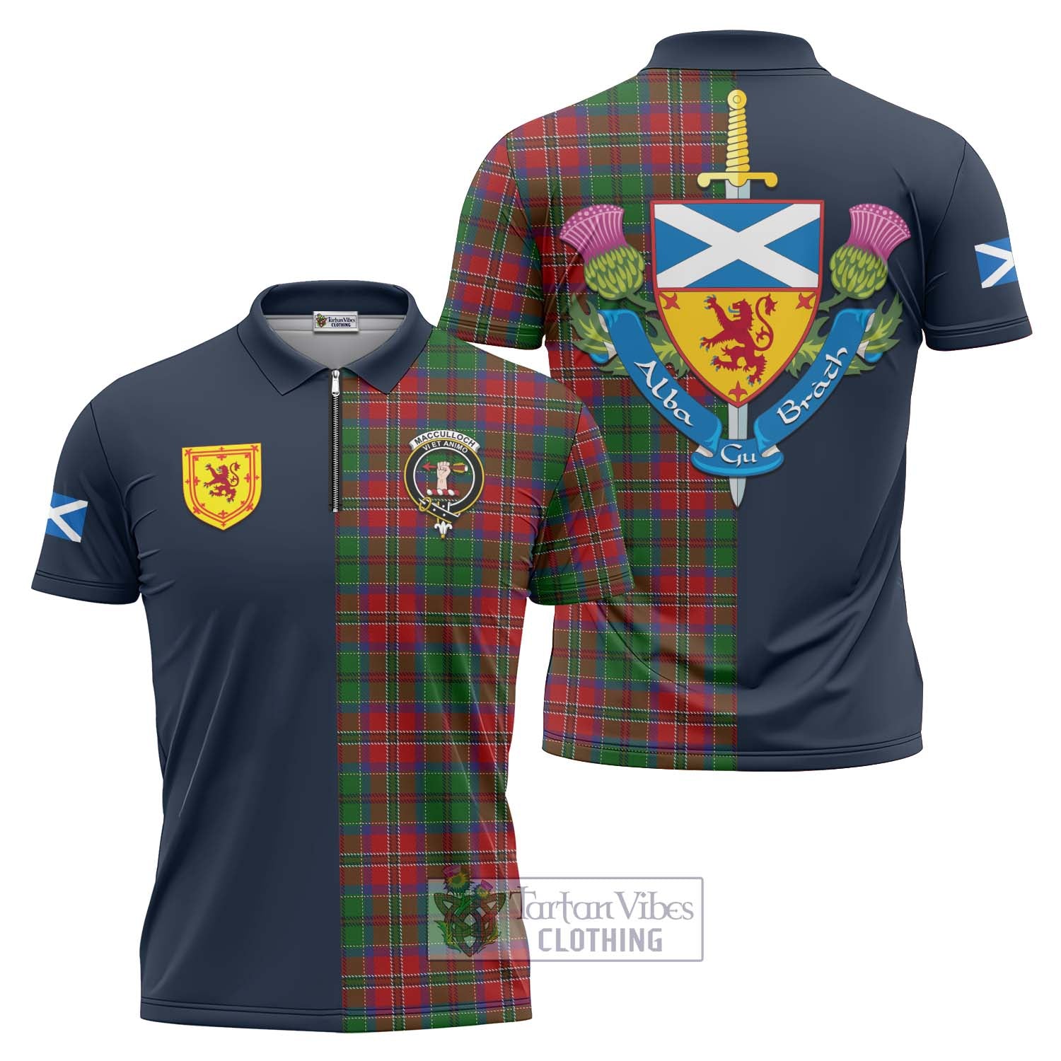 Tartan Vibes Clothing MacCulloch Tartan Zipper Polo Shirt with Scottish Lion Royal Arm Half Style