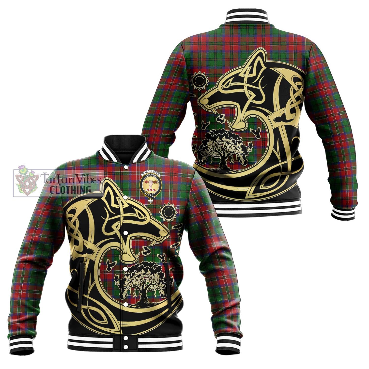 Tartan Vibes Clothing MacCulloch Tartan Baseball Jacket with Family Crest Celtic Wolf Style