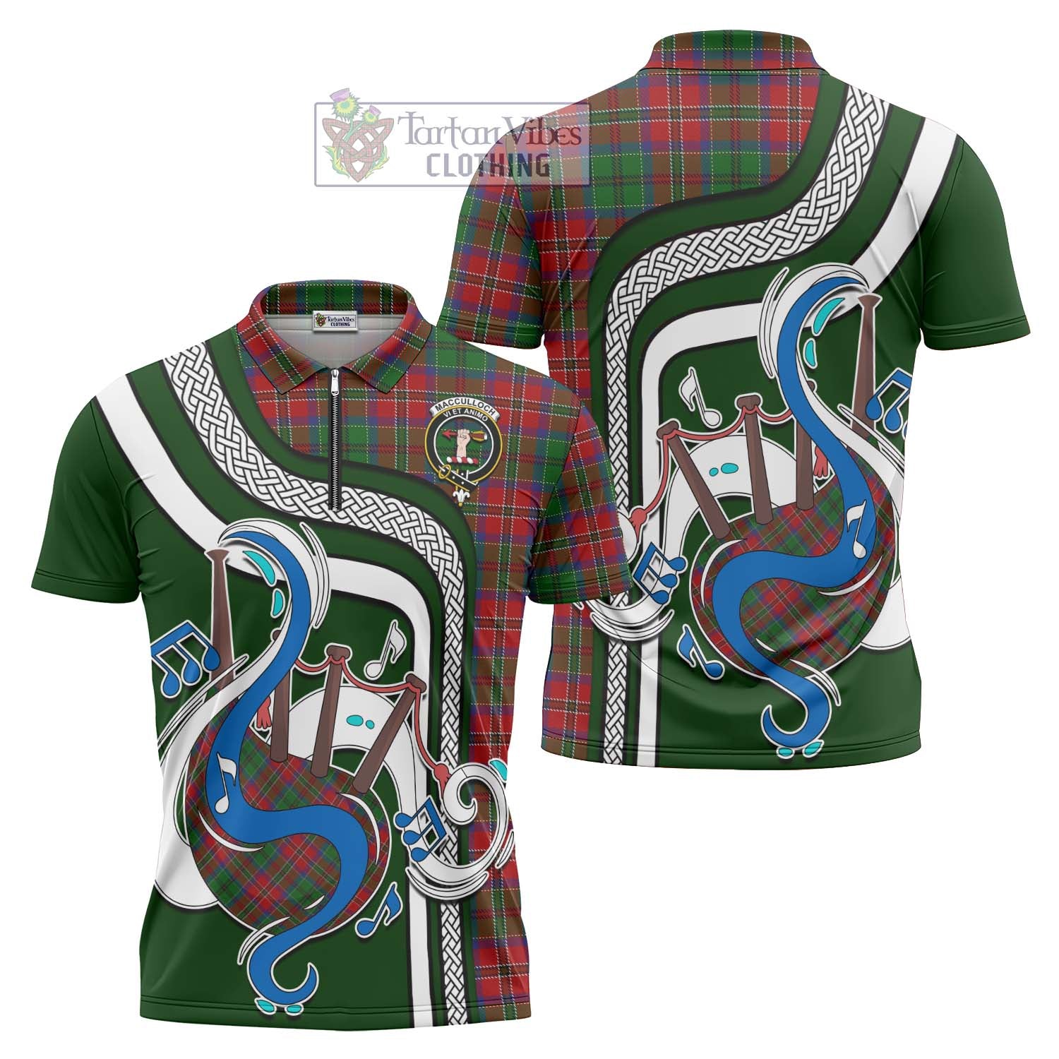 Tartan Vibes Clothing MacCulloch Tartan Zipper Polo Shirt with Epic Bagpipe Style