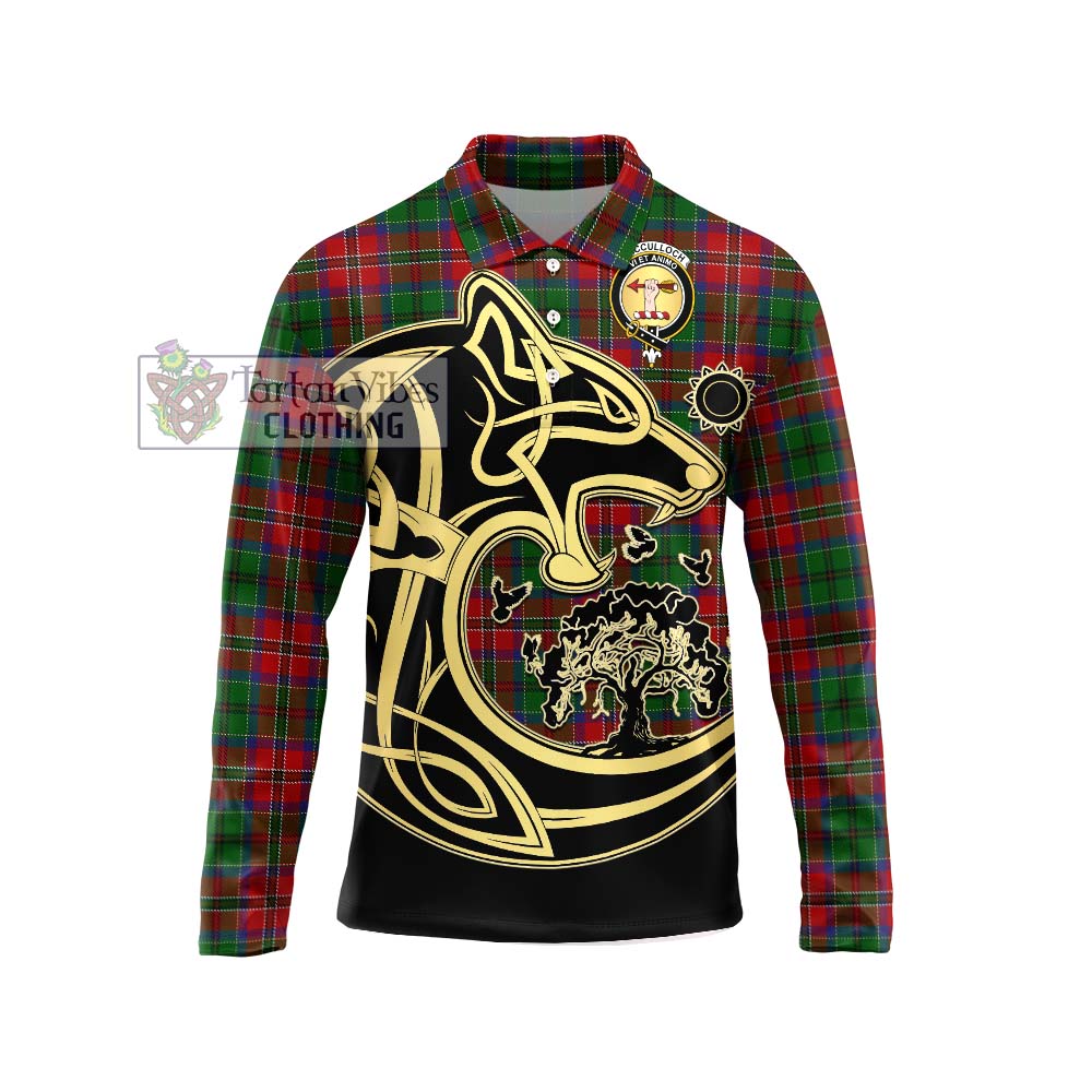 Tartan Vibes Clothing MacCulloch Tartan Long Sleeve Polo Shirt with Family Crest Celtic Wolf Style