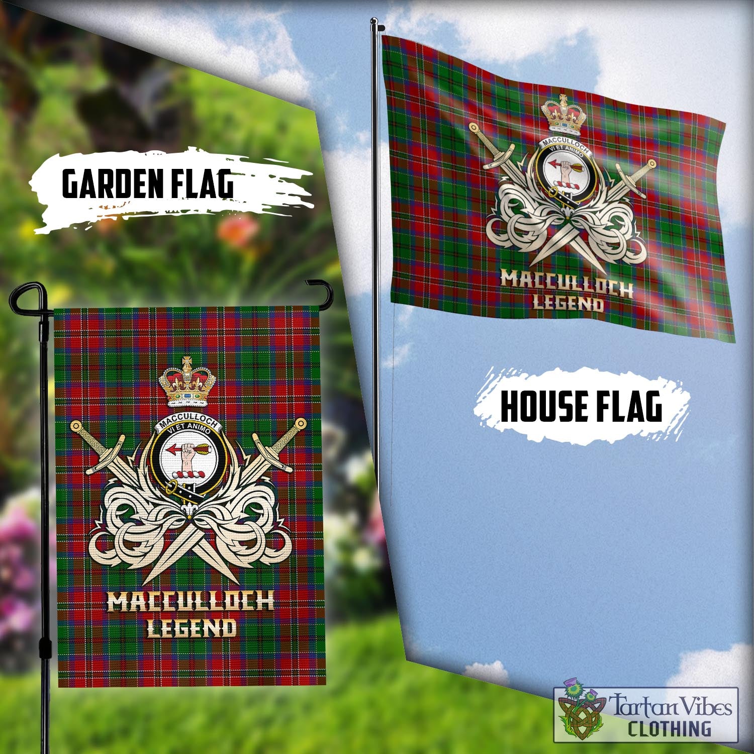 Tartan Vibes Clothing MacCulloch Tartan Flag with Clan Crest and the Golden Sword of Courageous Legacy