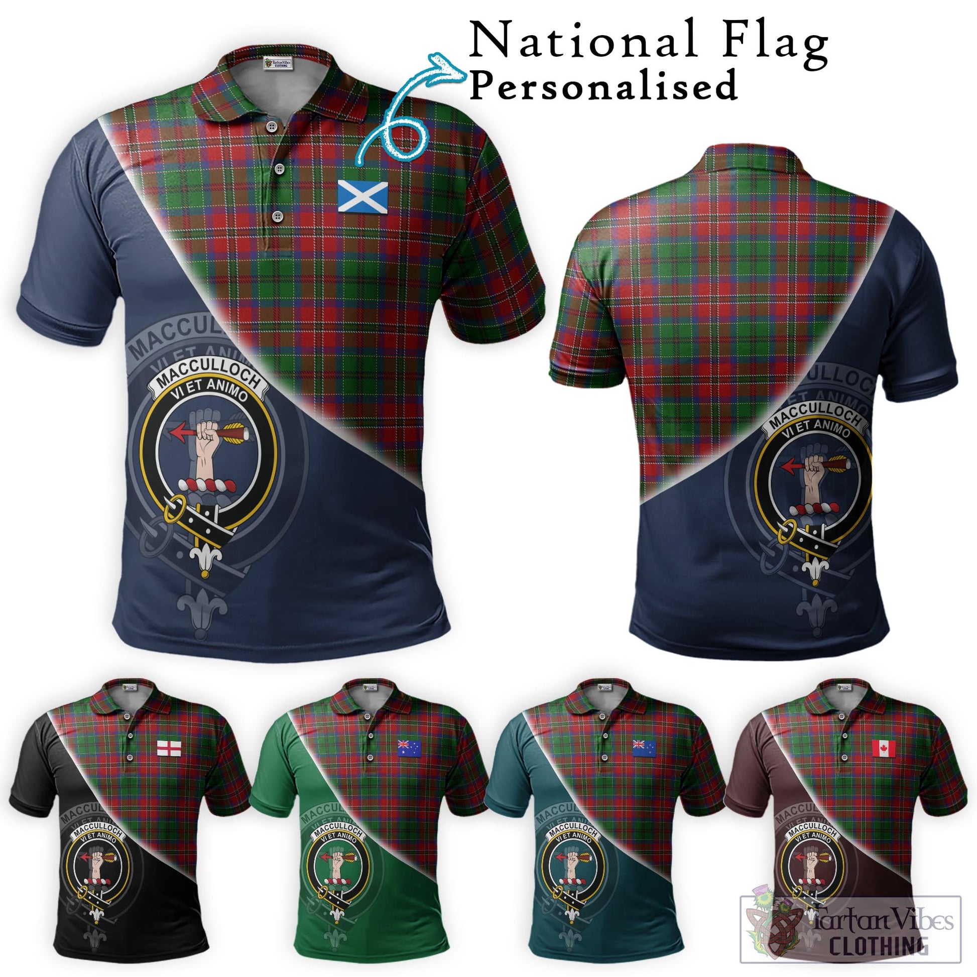 Tartan Vibes Clothing MacCulloch Tartan Polo Shirt with Personalised National Flag and Family Crest Half Style