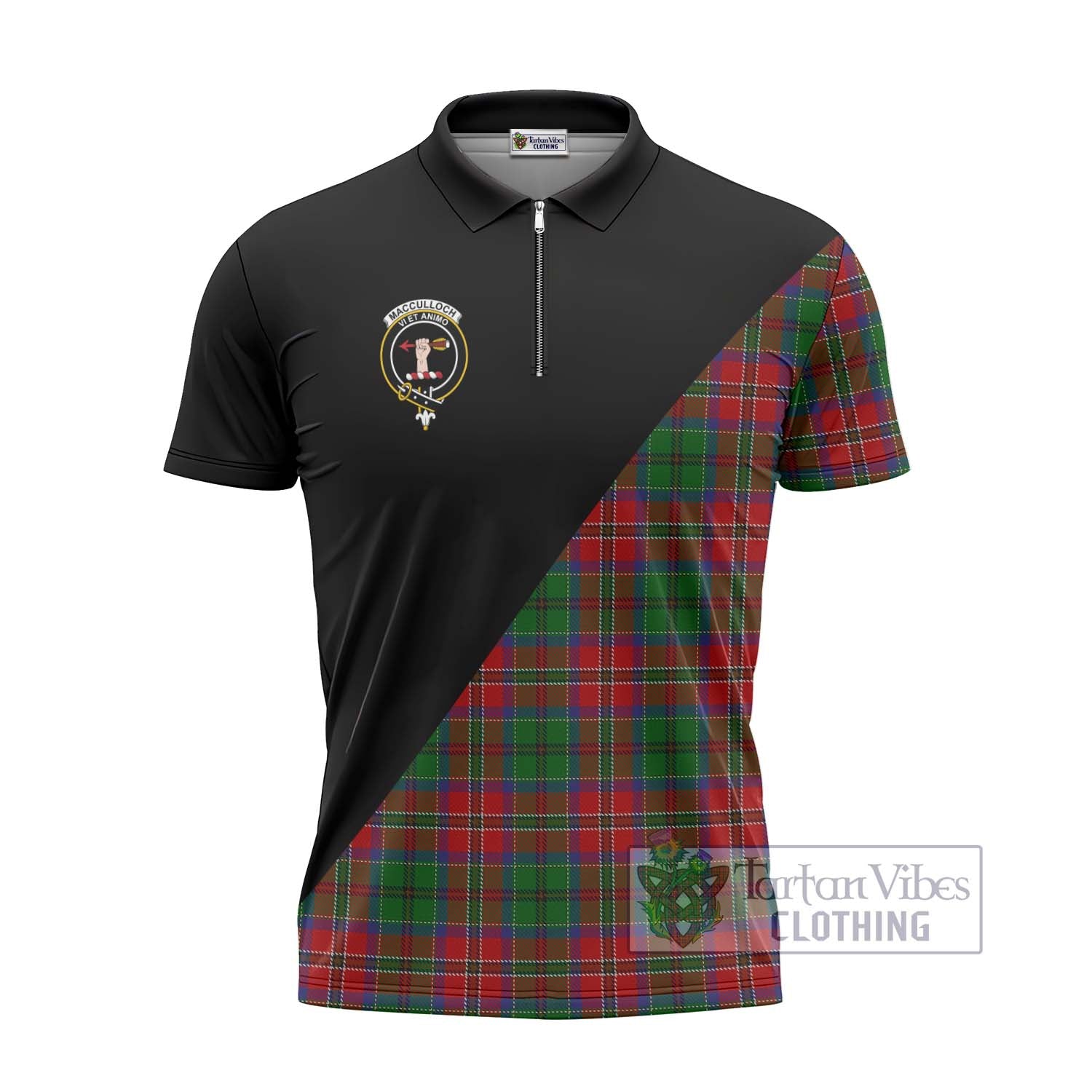 Tartan Vibes Clothing MacCulloch Tartan Zipper Polo Shirt with Family Crest and Military Logo Style