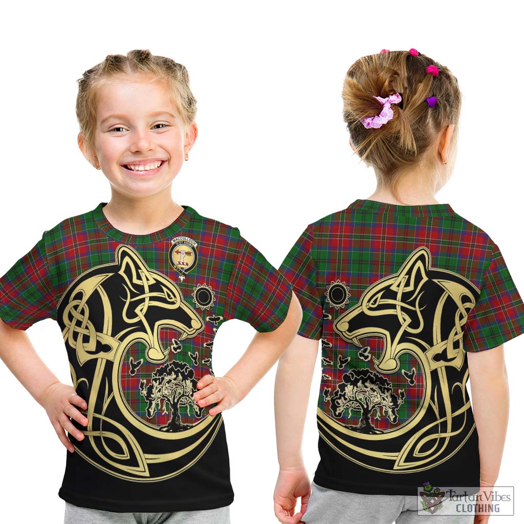 Tartan Vibes Clothing MacCulloch Tartan Kid T-Shirt with Family Crest Celtic Wolf Style