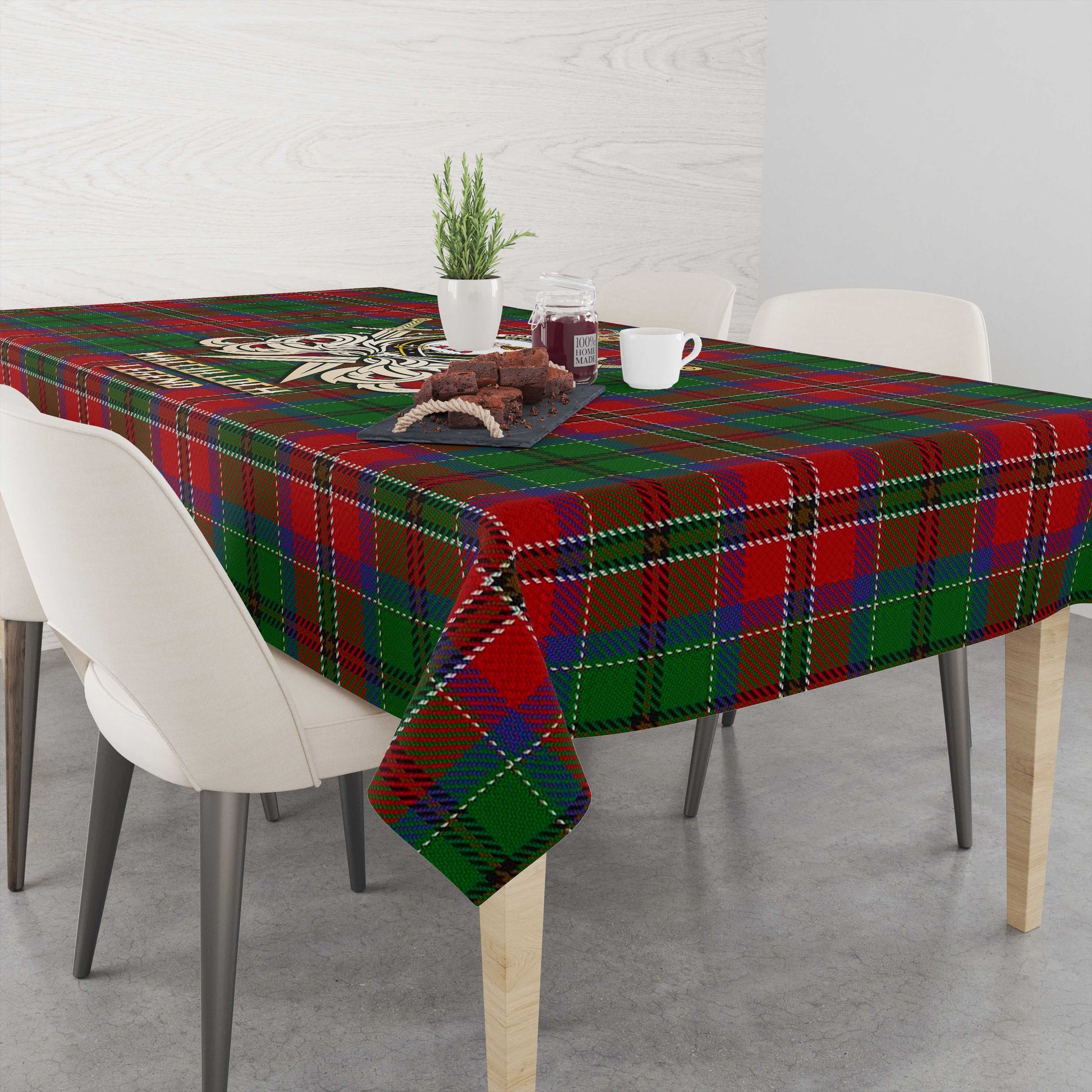 Tartan Vibes Clothing MacCulloch Tartan Tablecloth with Clan Crest and the Golden Sword of Courageous Legacy