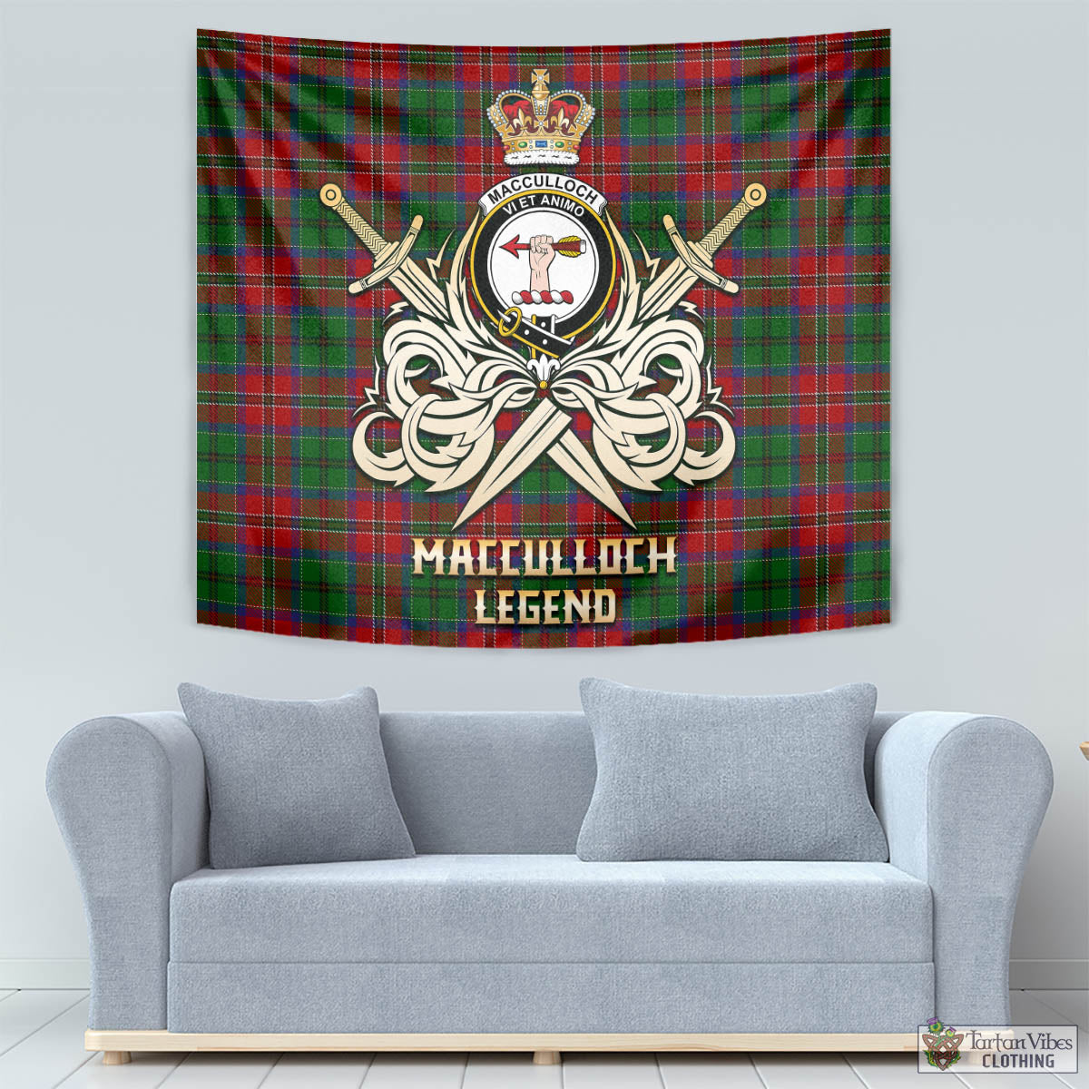 Tartan Vibes Clothing MacCulloch Tartan Tapestry with Clan Crest and the Golden Sword of Courageous Legacy
