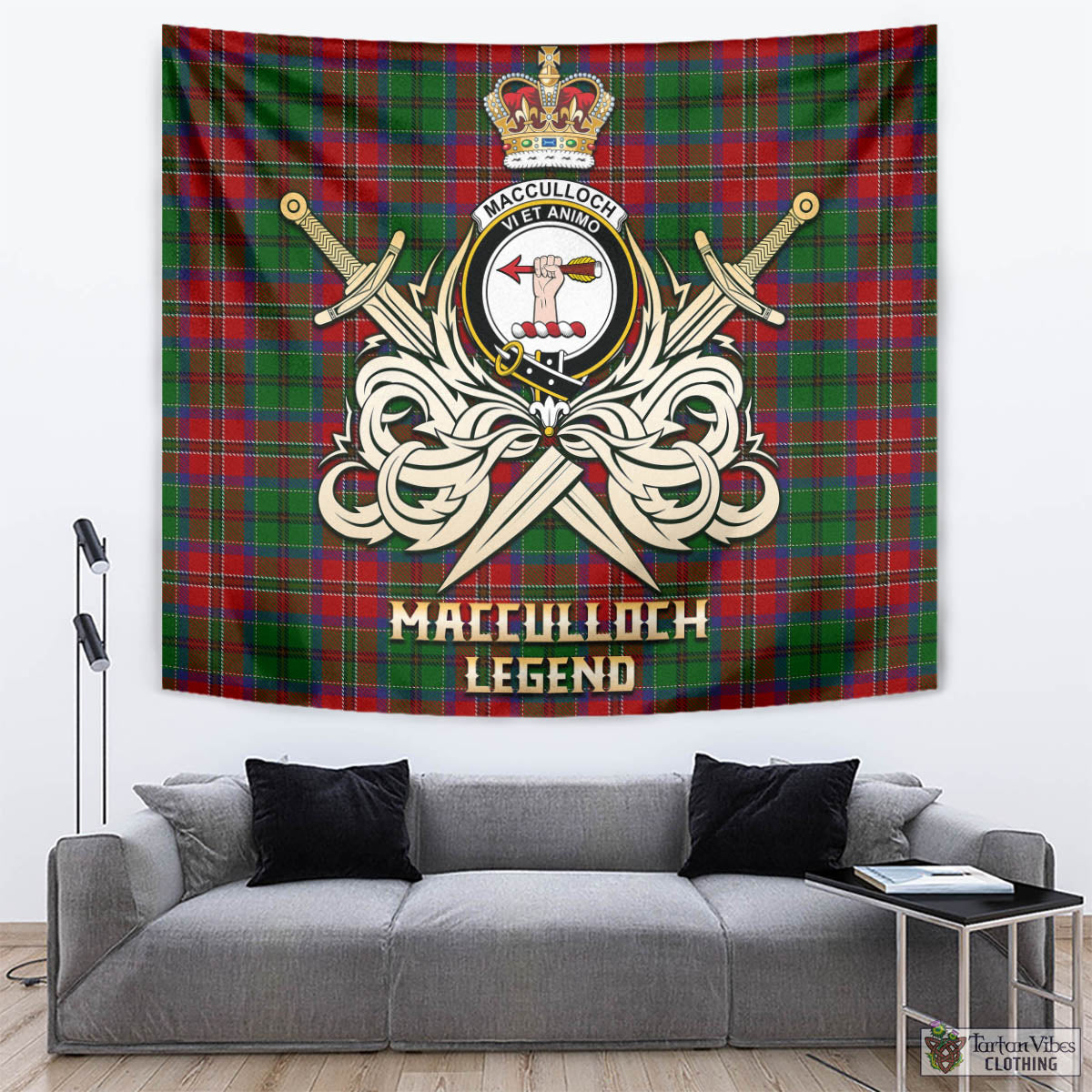 Tartan Vibes Clothing MacCulloch Tartan Tapestry with Clan Crest and the Golden Sword of Courageous Legacy