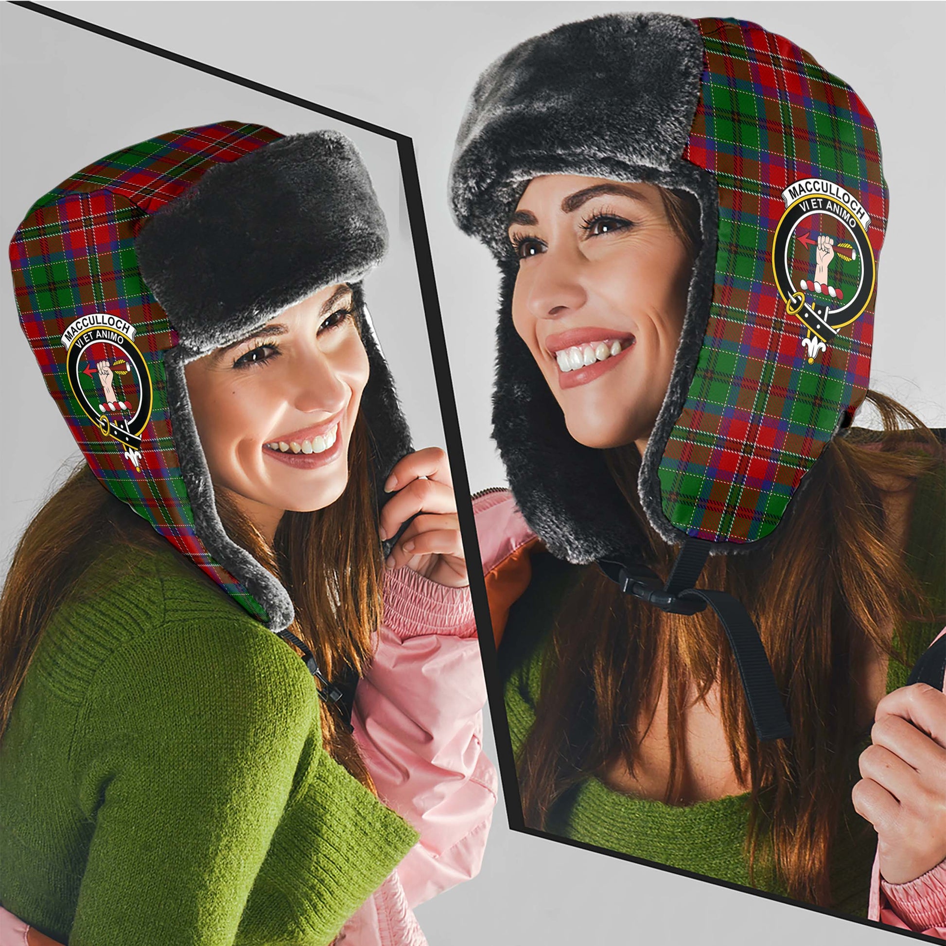 MacCulloch Tartan Winter Trapper Hat with Family Crest - Tartanvibesclothing