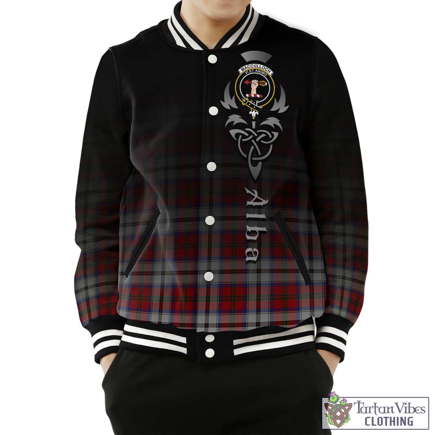 Tartan Vibes Clothing MacCulloch Dress Tartan Baseball Jacket Featuring Alba Gu Brath Family Crest Celtic Inspired