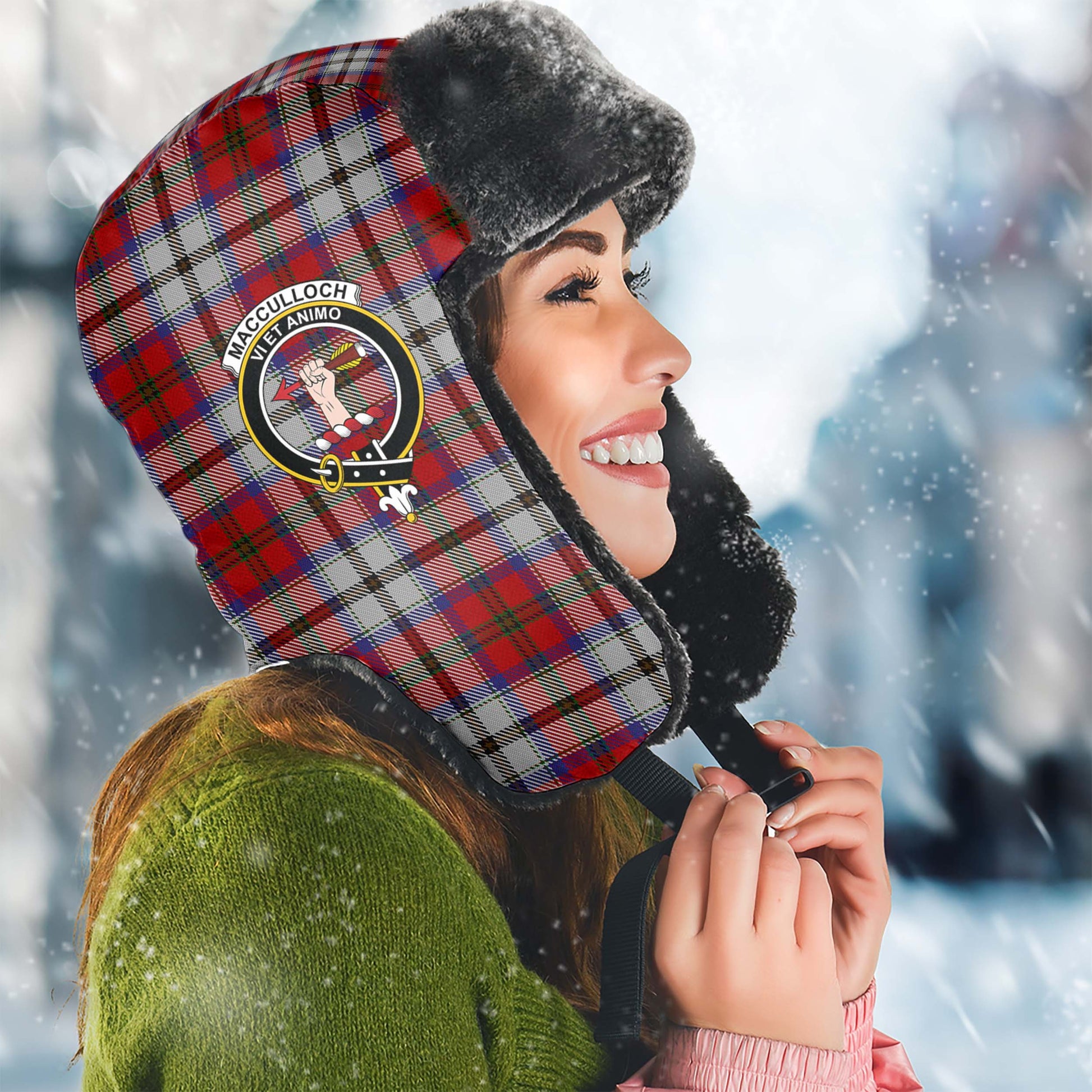 MacCulloch Dress Tartan Winter Trapper Hat with Family Crest Winter Trapper Hat Universal Fit Circumference 22.8in (58cm) - Tartanvibesclothing