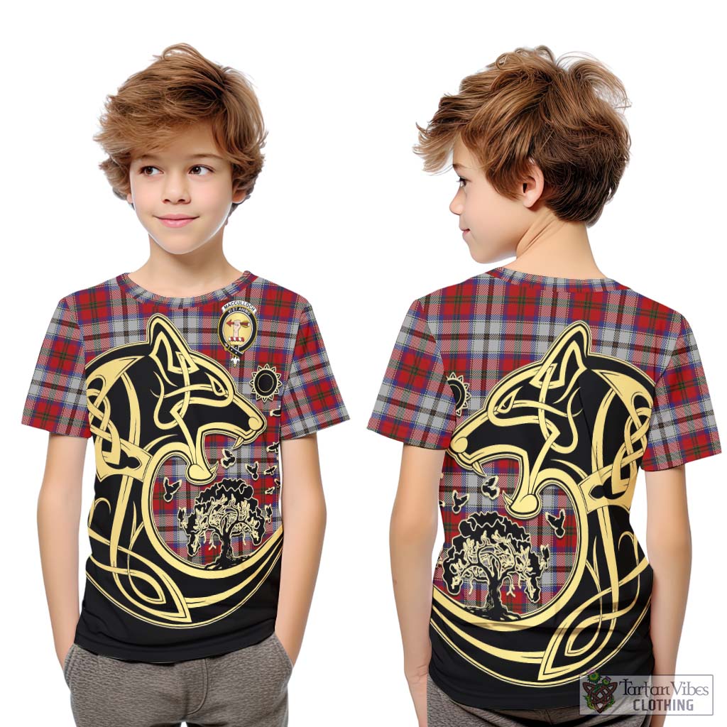 Tartan Vibes Clothing MacCulloch Dress Tartan Kid T-Shirt with Family Crest Celtic Wolf Style