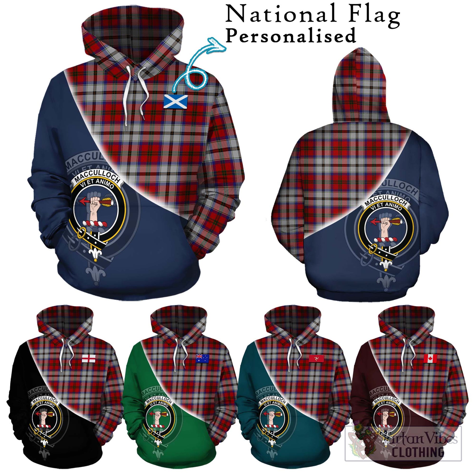 Tartan Vibes Clothing MacCulloch Dress Tartan Hoodie with Personalised National Flag and Family Crest Half Style