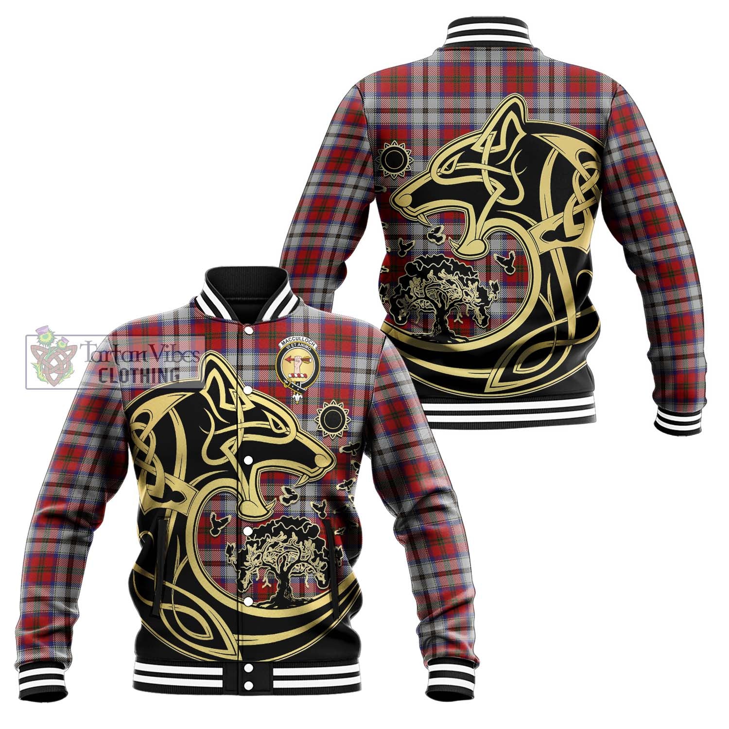 Tartan Vibes Clothing MacCulloch Dress Tartan Baseball Jacket with Family Crest Celtic Wolf Style