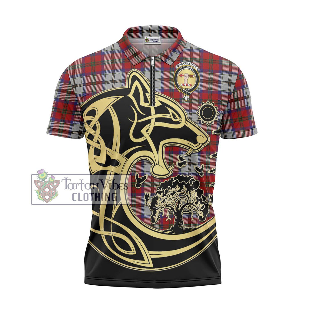 MacCulloch Dress Tartan Zipper Polo Shirt with Family Crest Celtic Wolf Style - Tartanvibesclothing Shop