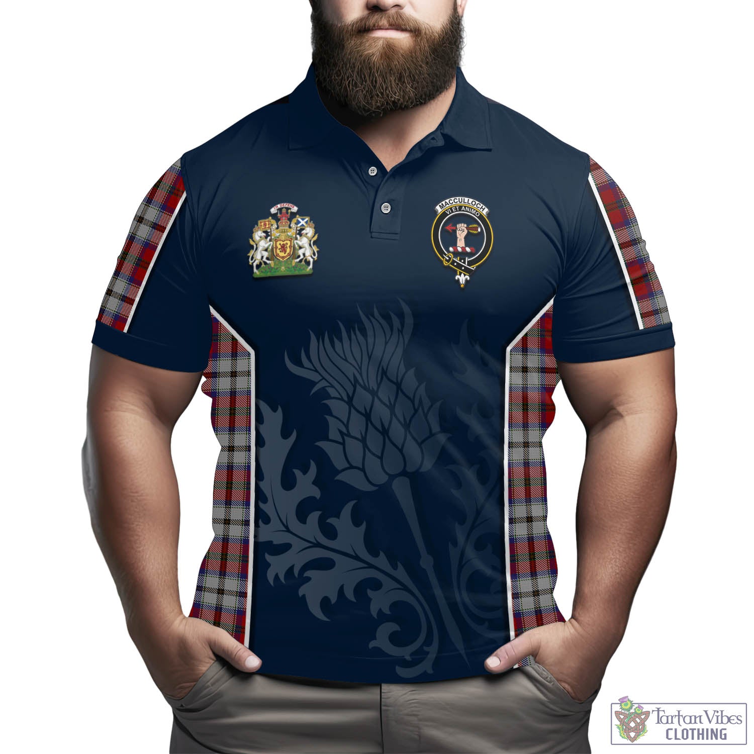 Tartan Vibes Clothing MacCulloch Dress Tartan Men's Polo Shirt with Family Crest and Scottish Thistle Vibes Sport Style