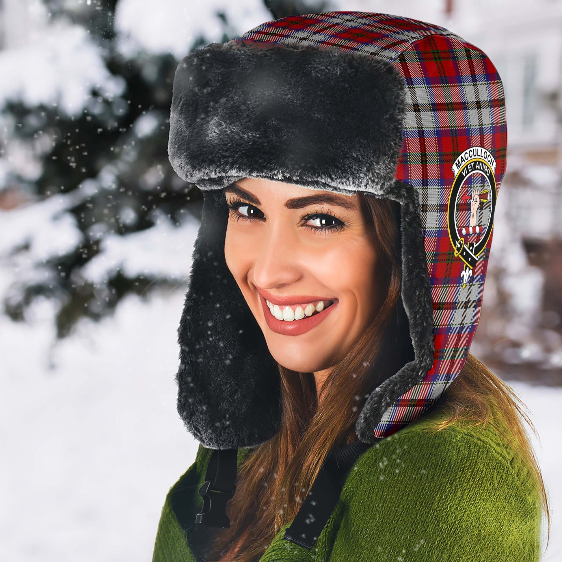 MacCulloch Dress Tartan Winter Trapper Hat with Family Crest - Tartanvibesclothing