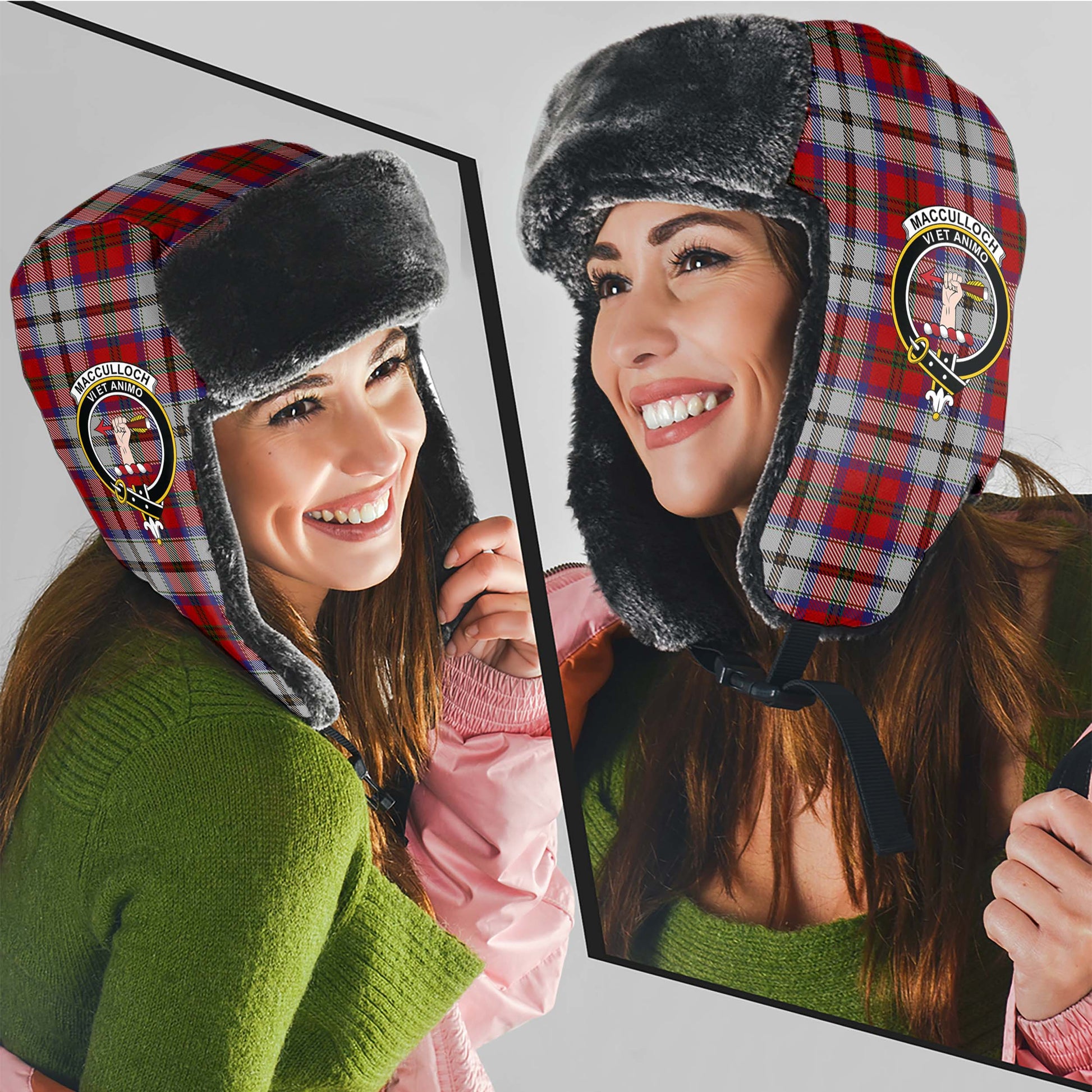 MacCulloch Dress Tartan Winter Trapper Hat with Family Crest - Tartanvibesclothing