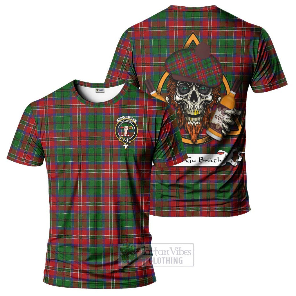 Tartan Vibes Clothing MacCulloch (McCulloch) Tartan T-Shirt with Family Crest and Bearded Skull Holding Bottles of Whiskey