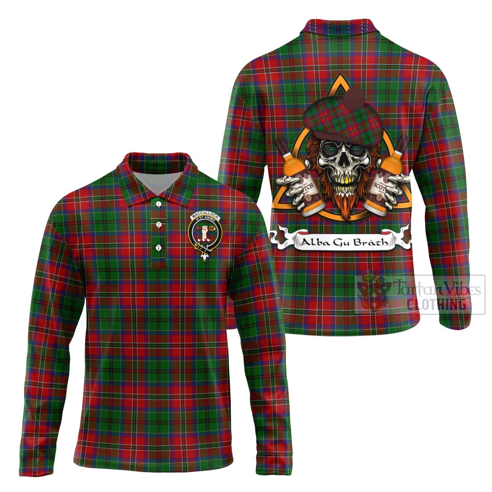 Tartan Vibes Clothing MacCulloch (McCulloch) Tartan Long Sleeve Polo Shirt with Family Crest and Bearded Skull Holding Bottles of Whiskey