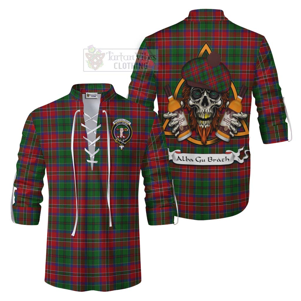 Tartan Vibes Clothing MacCulloch (McCulloch) Tartan Ghillie Kilt Shirt with Family Crest and Bearded Skull Holding Bottles of Whiskey