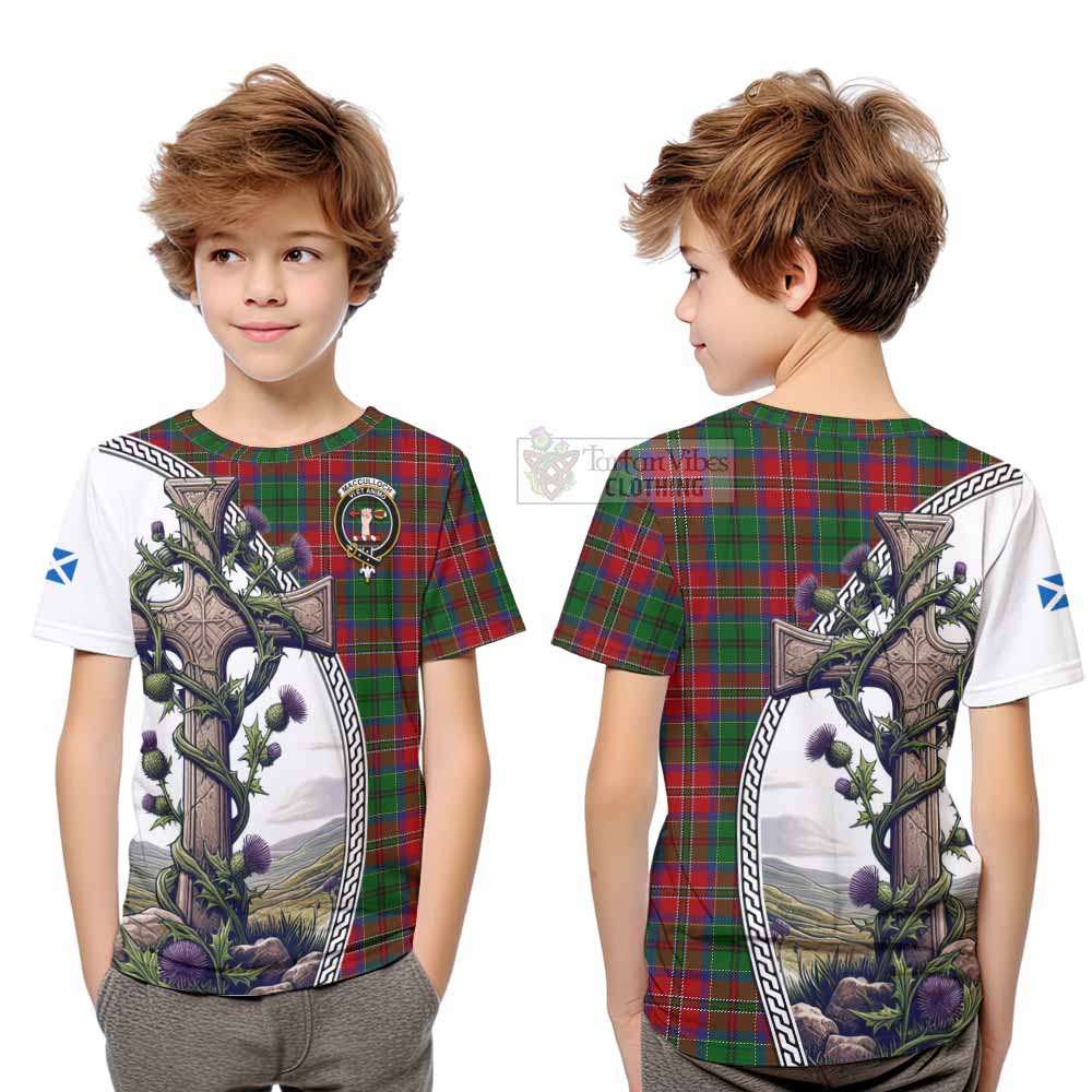 Tartan Vibes Clothing MacCulloch (McCulloch) Tartan Kid T-Shirt with Family Crest and St. Andrew's Cross Accented by Thistle Vines