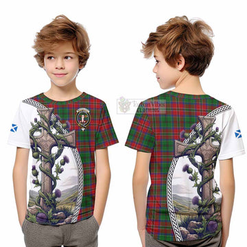 MacCulloch (McCulloch) Tartan Kid T-Shirt with Family Crest and St. Andrew's Cross Accented by Thistle Vines