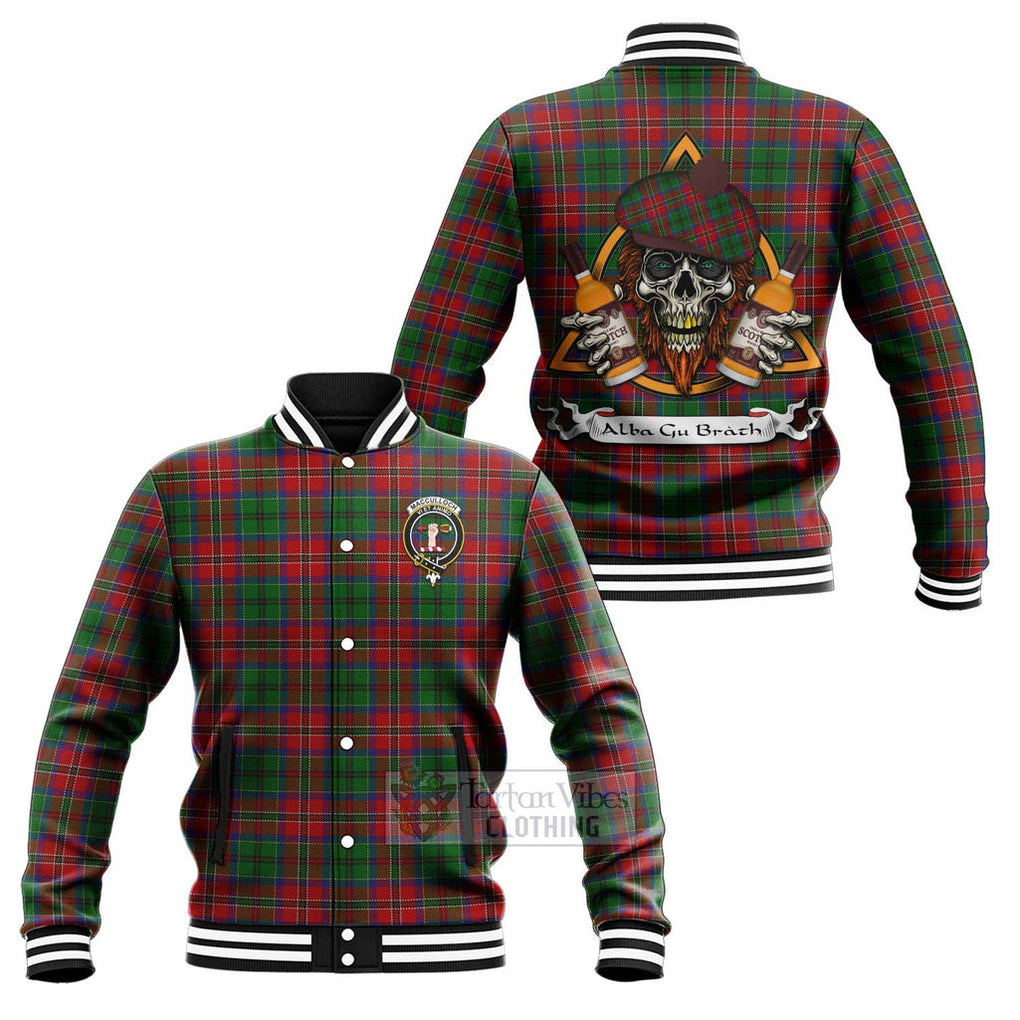 Tartan Vibes Clothing MacCulloch (McCulloch) Tartan Baseball Jacket with Family Crest and Bearded Skull Holding Bottles of Whiskey