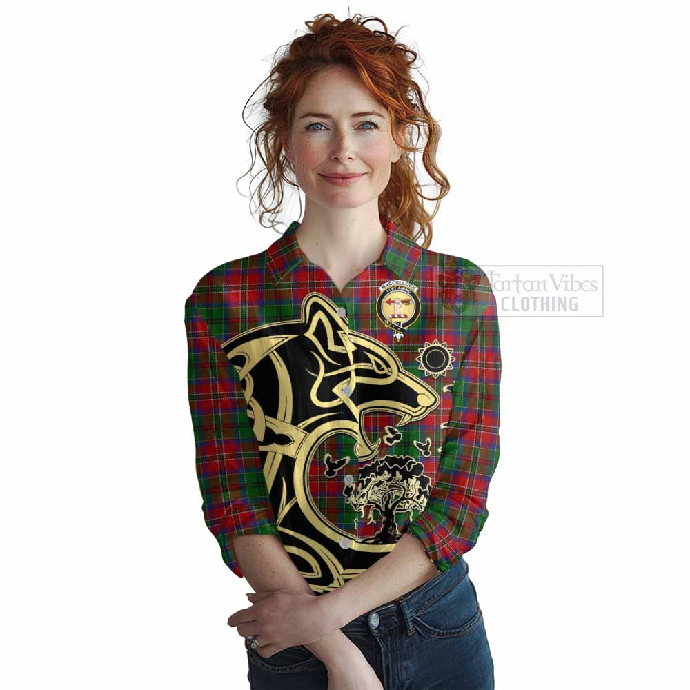 Tartan Vibes Clothing MacCulloch (McCulloch) Tartan Women's Casual Shirt with Family Crest Celtic Wolf Style