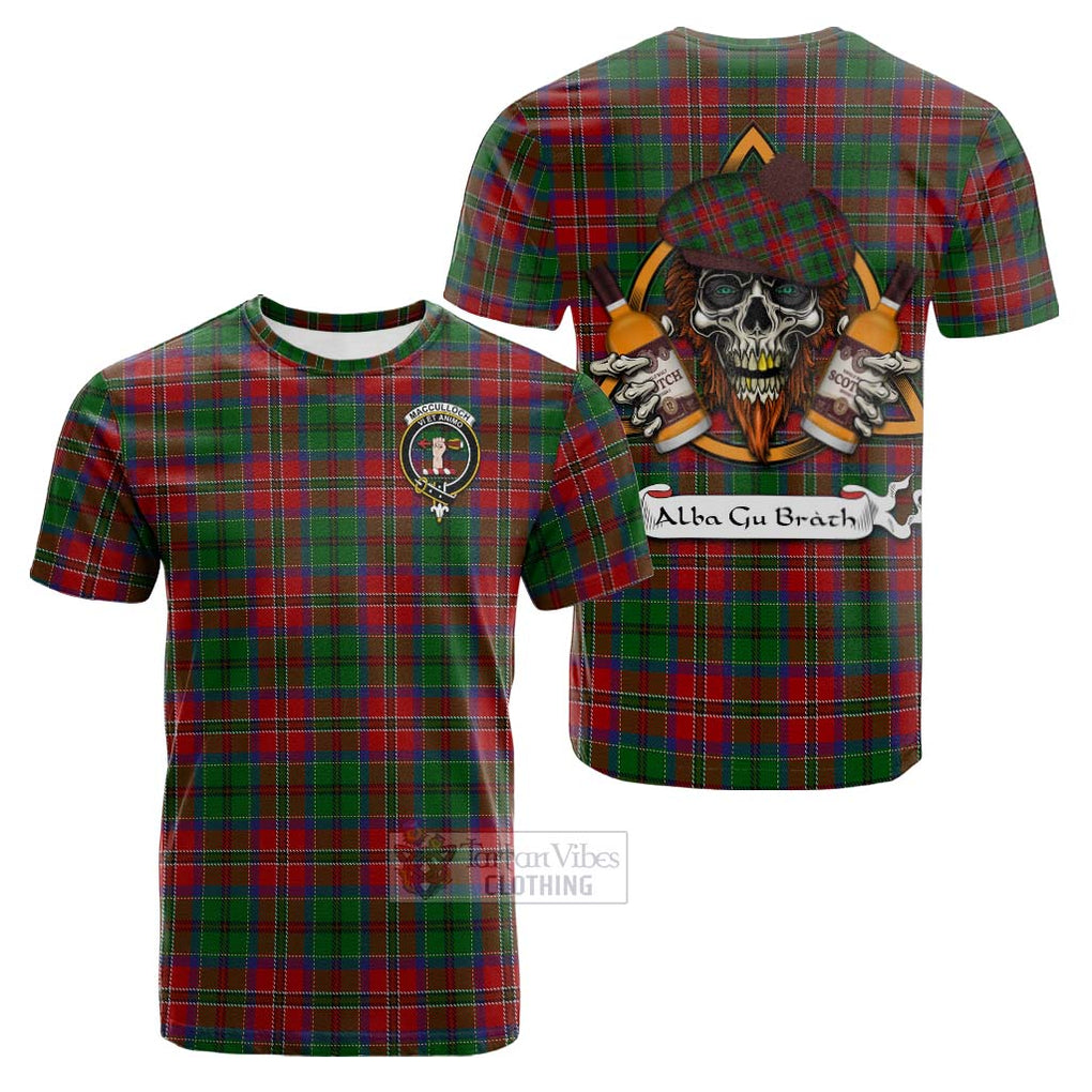 Tartan Vibes Clothing MacCulloch (McCulloch) Tartan Cotton T-shirt with Family Crest and Bearded Skull Holding Bottles of Whiskey