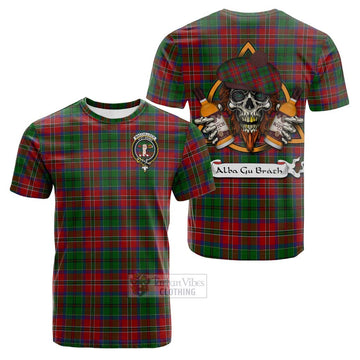 MacCulloch (McCulloch) Tartan Cotton T-shirt with Family Crest and Bearded Skull Holding Bottles of Whiskey