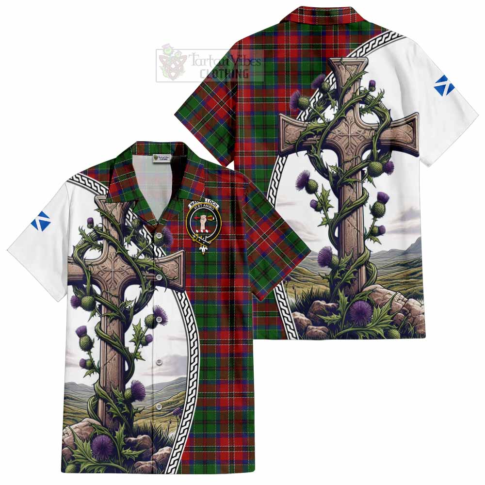 Tartan Vibes Clothing MacCulloch (McCulloch) Tartan Short Sleeve Button Shirt with Family Crest and St. Andrew's Cross Accented by Thistle Vines