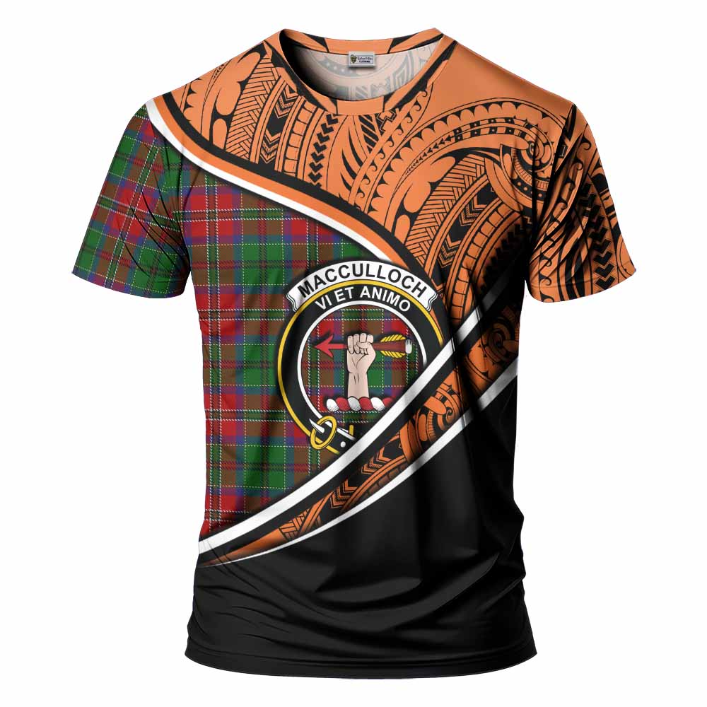 Tartan Vibes Clothing MacCulloch (McCulloch) Crest Tartan T-Shirt with Maori Tattoo Style - Orange Version