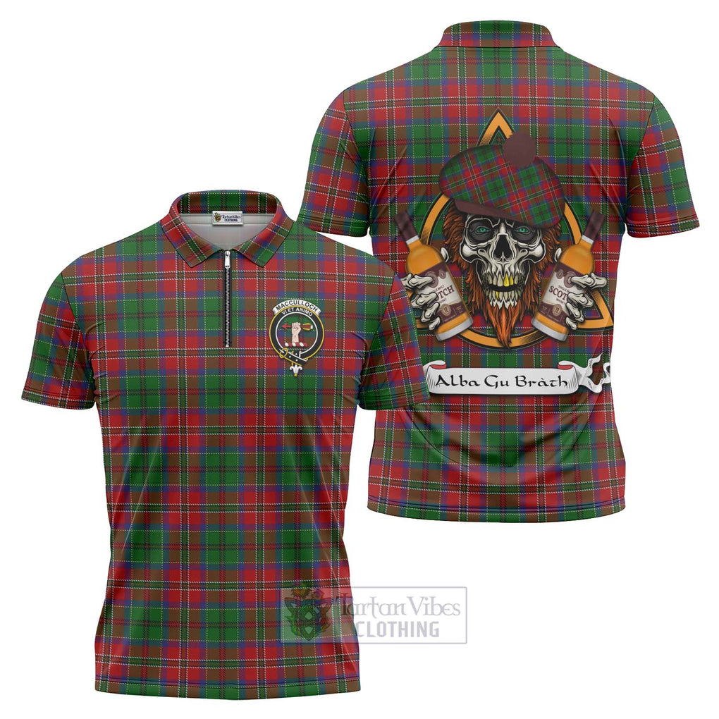 Tartan Vibes Clothing MacCulloch (McCulloch) Tartan Zipper Polo Shirt with Family Crest and Bearded Skull Holding Bottles of Whiskey