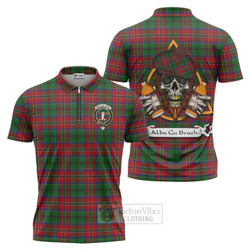 MacCulloch (McCulloch) Tartan Zipper Polo Shirt with Family Crest and Bearded Skull Holding Bottles of Whiskey