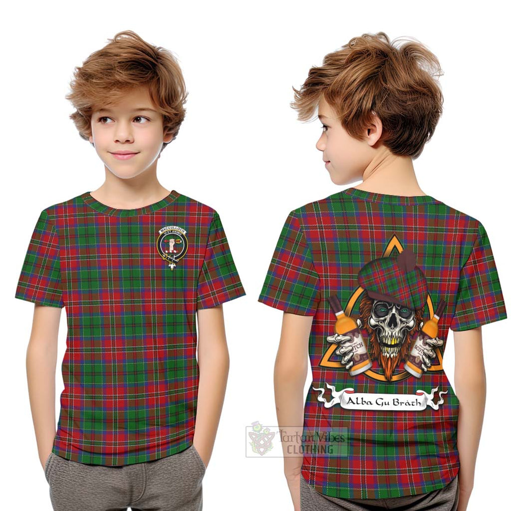 Tartan Vibes Clothing MacCulloch (McCulloch) Tartan Kid T-Shirt with Family Crest and Bearded Skull Holding Bottles of Whiskey