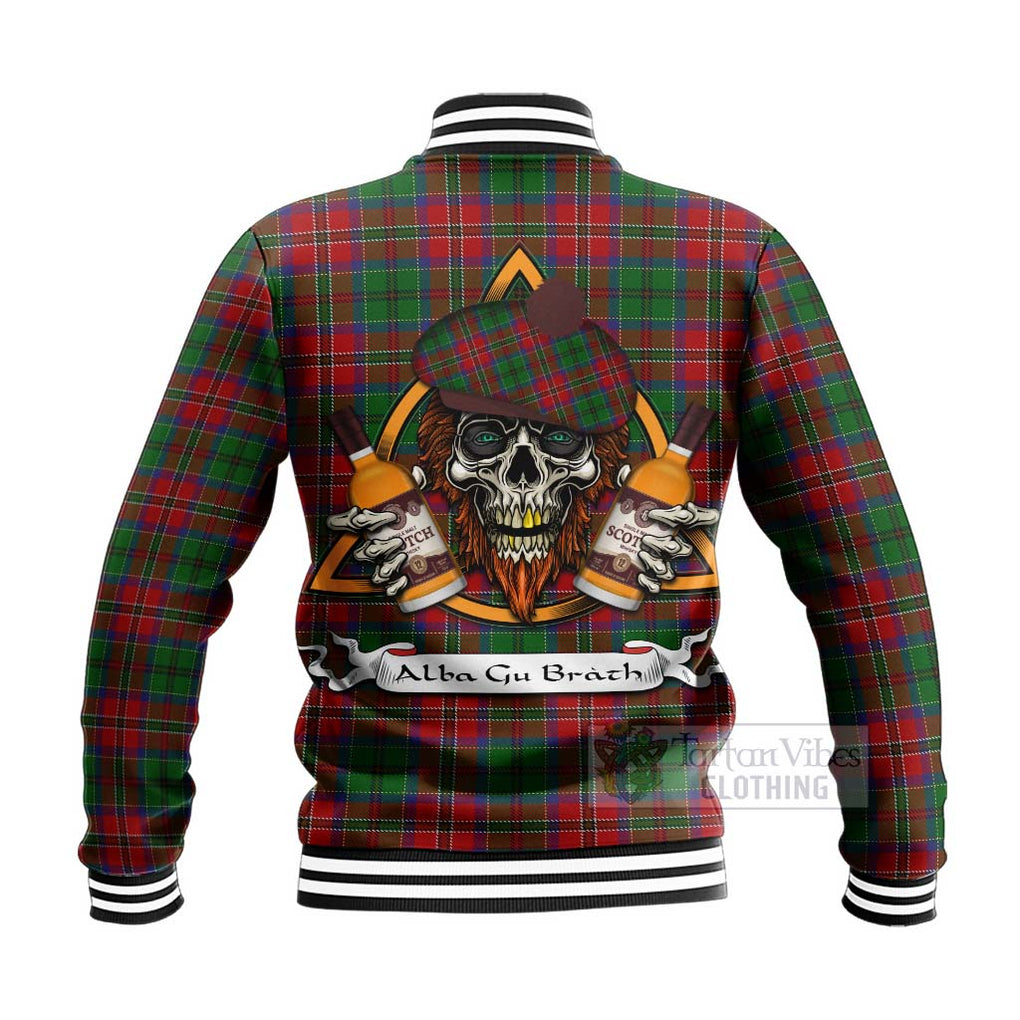 Tartan Vibes Clothing MacCulloch (McCulloch) Tartan Baseball Jacket with Family Crest and Bearded Skull Holding Bottles of Whiskey