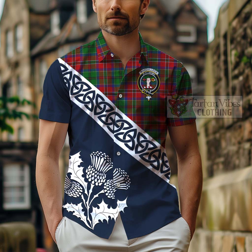 Tartan Vibes Clothing MacCulloch (McCulloch) Tartan Short Sleeve Button Shirt Featuring Thistle and Scotland Map