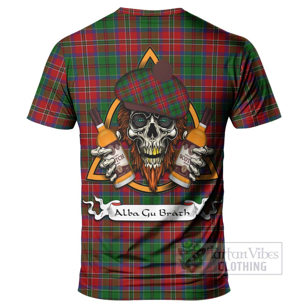 Tartan Vibes Clothing MacCulloch (McCulloch) Tartan T-Shirt with Family Crest and Bearded Skull Holding Bottles of Whiskey