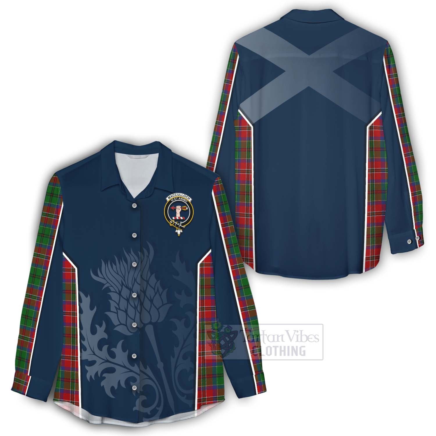 Tartan Vibes Clothing MacCulloch (McCulloch) Tartan Women's Casual Shirt with Family Crest and Scottish Thistle Vibes Sport Style