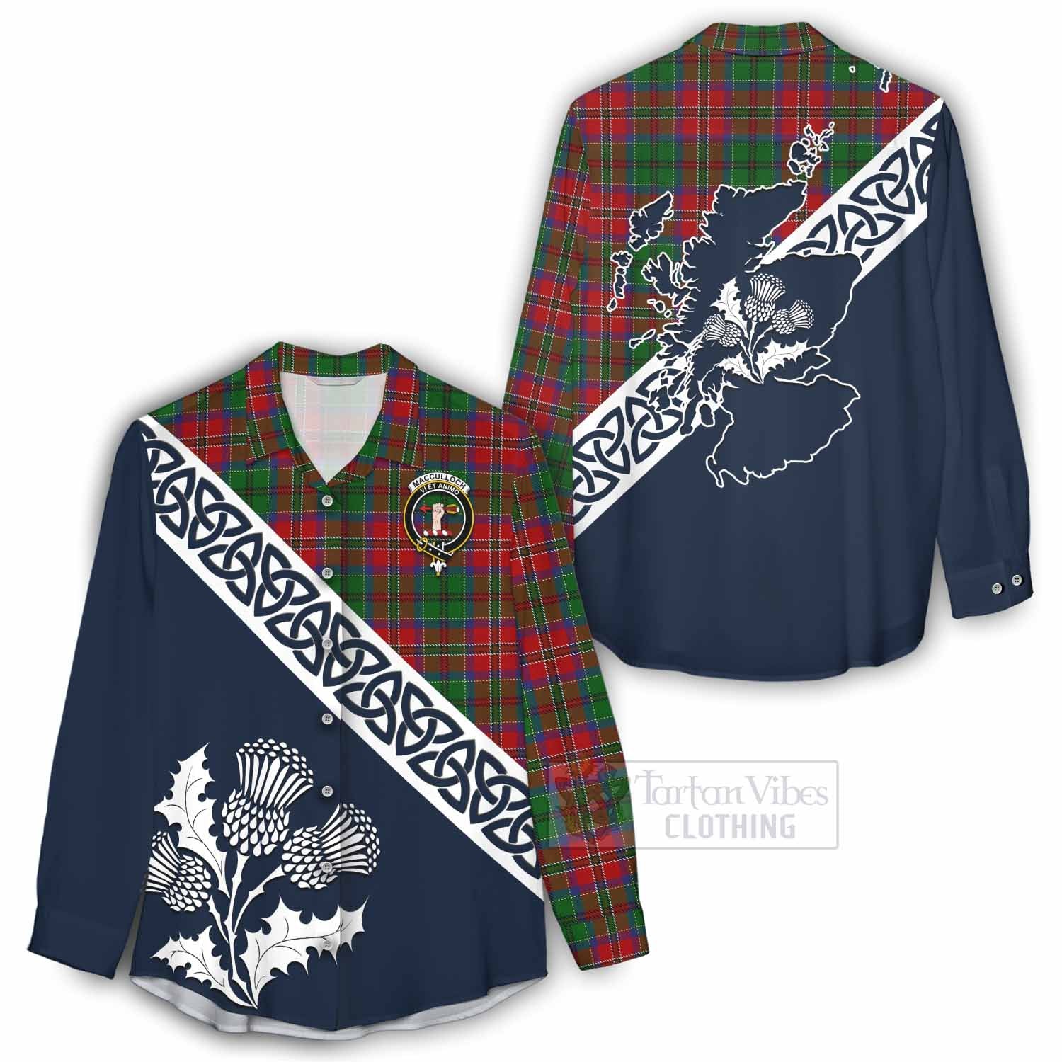 Tartan Vibes Clothing MacCulloch (McCulloch) Tartan Women's Casual Shirt Featuring Thistle and Scotland Map