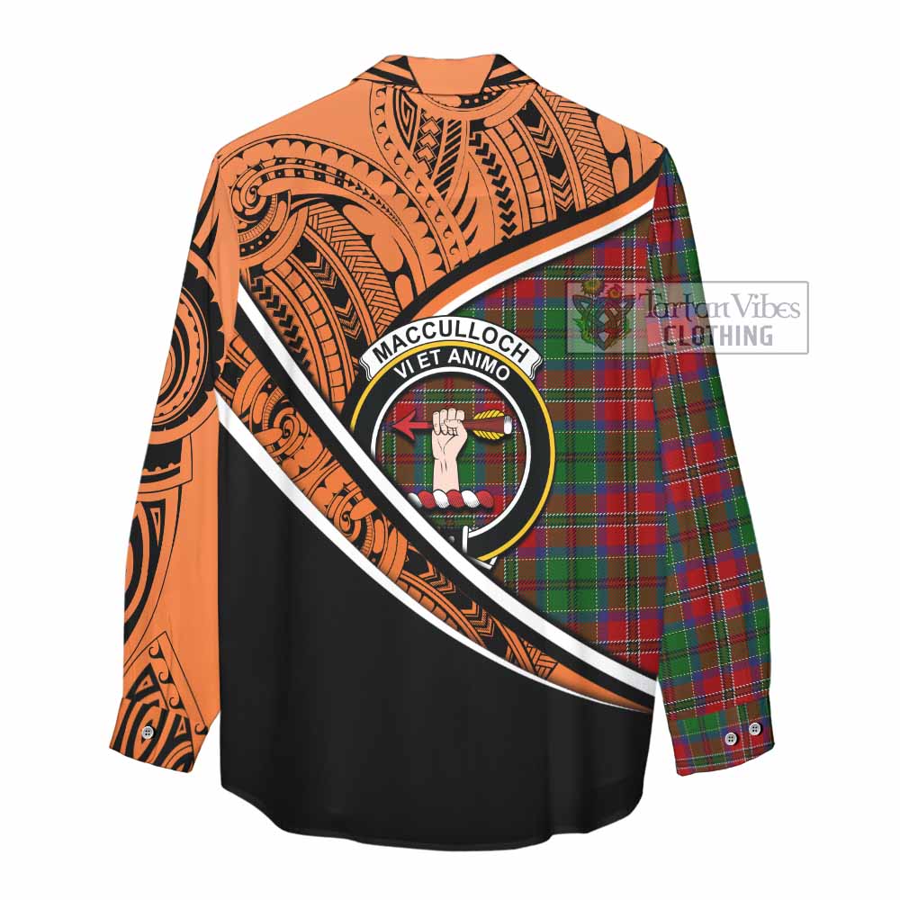 Tartan Vibes Clothing MacCulloch (McCulloch) Crest Tartan Women's Casual Shirt with Maori Tattoo Style - Orange Version