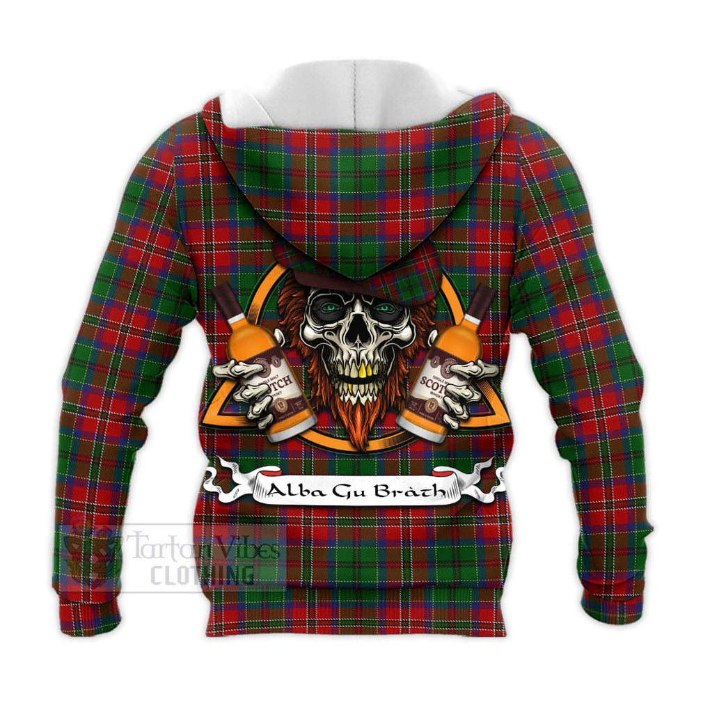 Tartan Vibes Clothing MacCulloch (McCulloch) Tartan Knitted Hoodie with Family Crest and Bearded Skull Holding Bottles of Whiskey