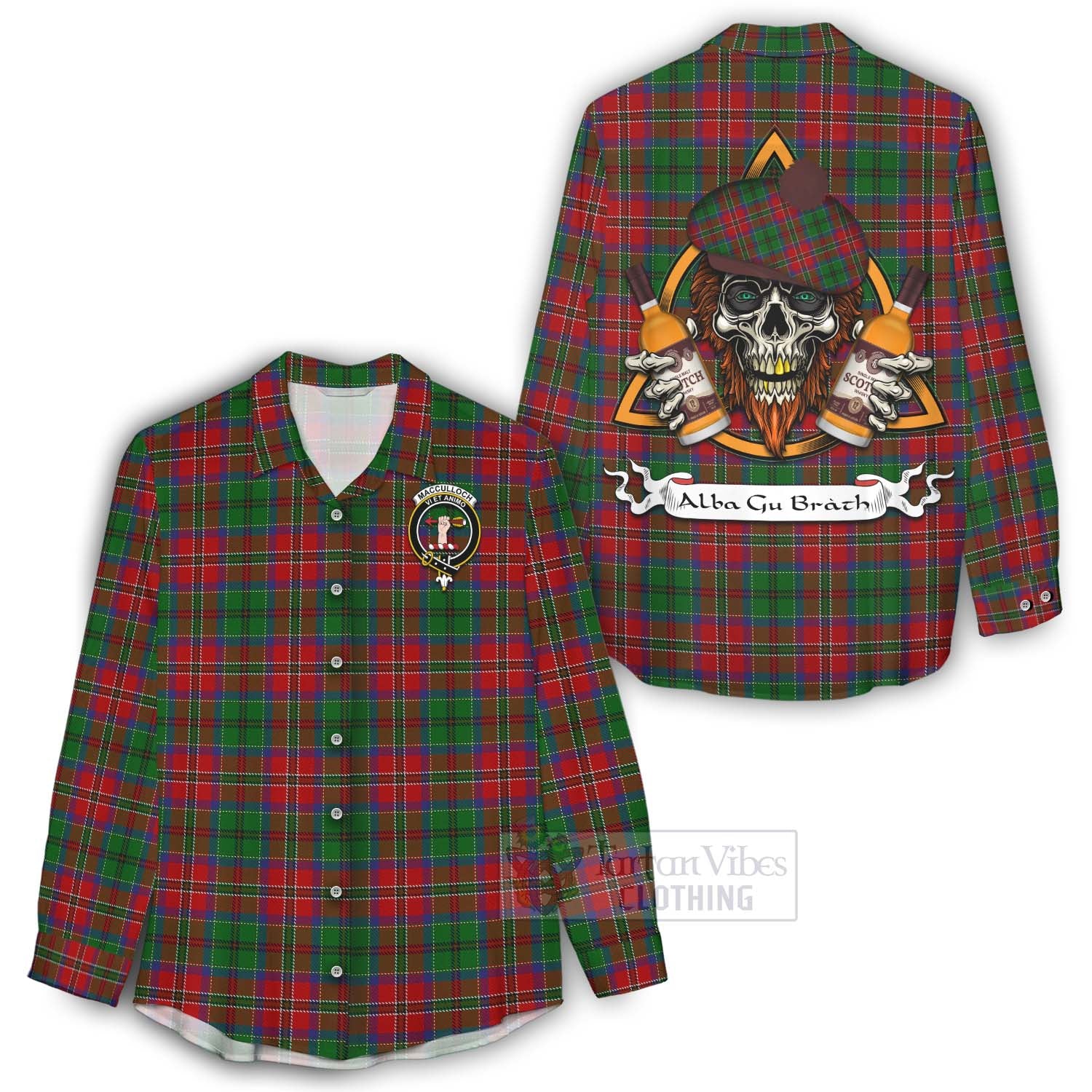 Tartan Vibes Clothing MacCulloch (McCulloch) Tartan Women's Casual Shirt with Family Crest and Bearded Skull Holding Bottles of Whiskey