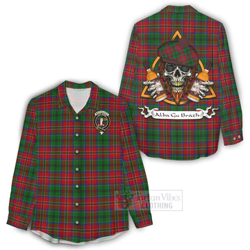 MacCulloch (McCulloch) Tartan Women's Casual Shirt with Family Crest and Bearded Skull Holding Bottles of Whiskey