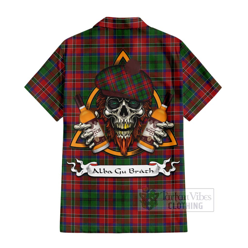 Tartan Vibes Clothing MacCulloch (McCulloch) Tartan Short Sleeve Button Shirt with Family Crest and Bearded Skull Holding Bottles of Whiskey