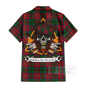 MacCulloch (McCulloch) Tartan Short Sleeve Button Shirt with Family Crest and Bearded Skull Holding Bottles of Whiskey