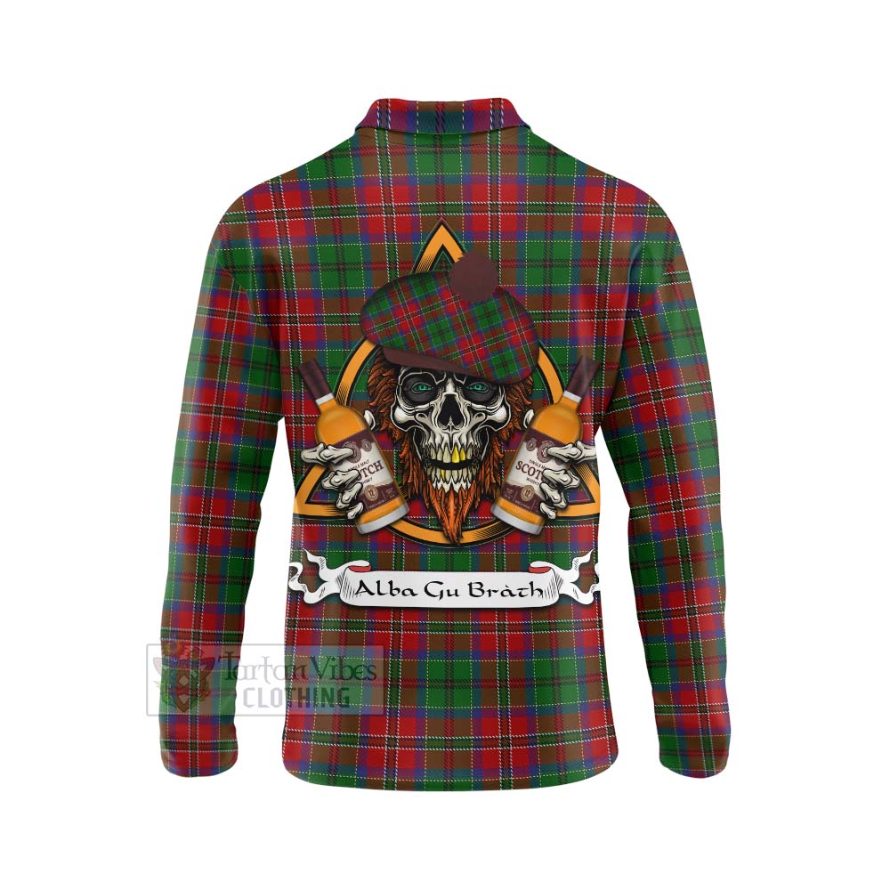 Tartan Vibes Clothing MacCulloch (McCulloch) Tartan Long Sleeve Polo Shirt with Family Crest and Bearded Skull Holding Bottles of Whiskey