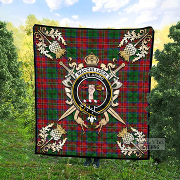 MacCulloch (McCulloch) Tartan Quilt with Family Crest and Golden Thistle Crossed Sword Design